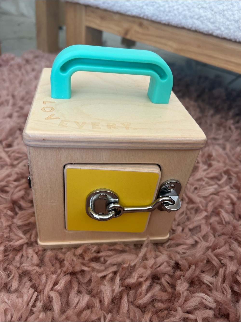 Lovevery Wooden Lock Box with Teal Handle and Orange Door - - Picture 2 of 5